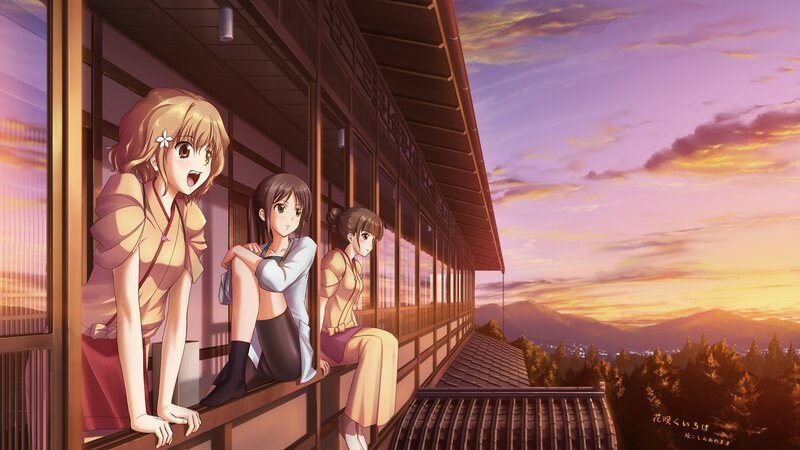 Anime girls on a balcony at sunset