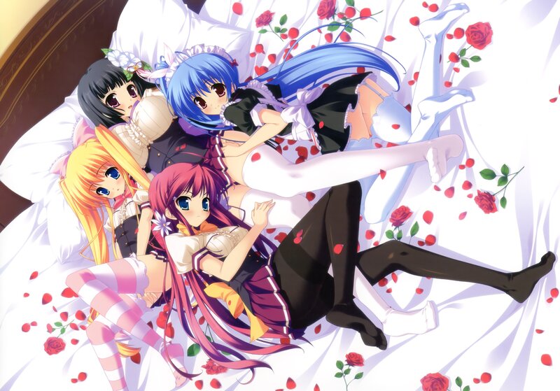Anime girls on a bed with roses