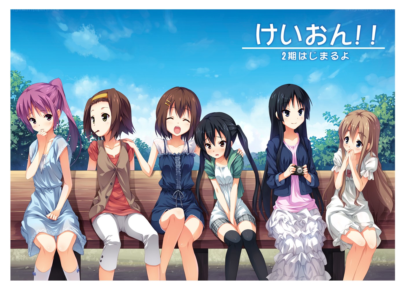 Anime girls on a bench