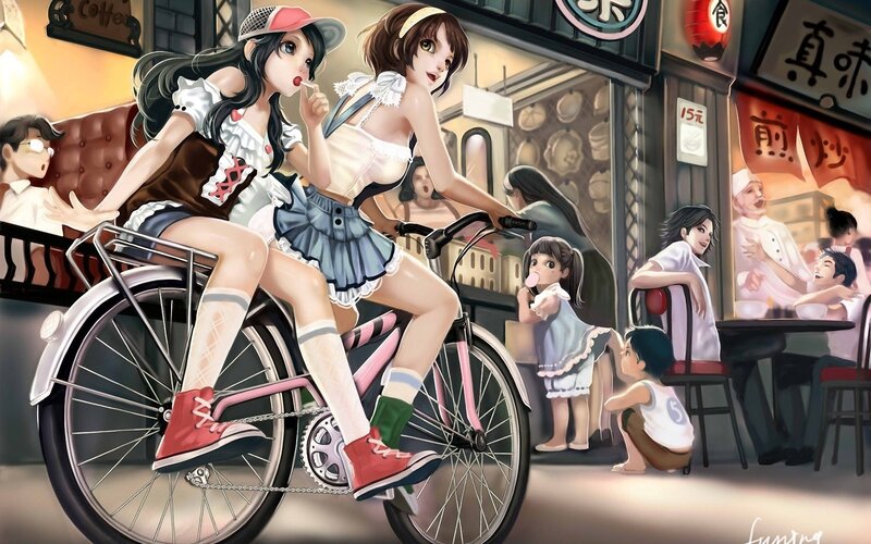 Anime girls on a bicycle