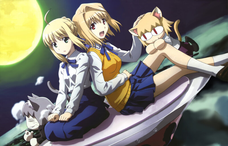 Anime girls on a boat at night