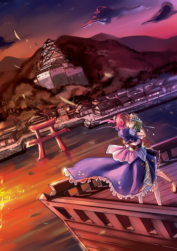 anime girls on a boat at sunset