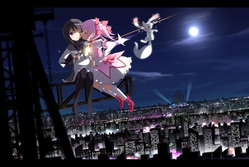 Anime girls on a bridge at night
