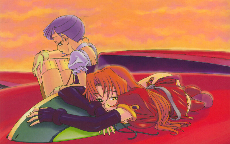 anime girls on a car at sunset