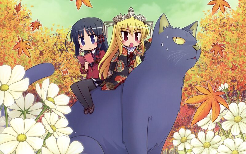 Anime girls on a cat in autumn