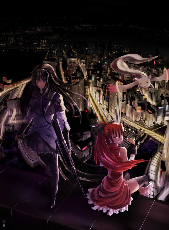 Anime girls on a city rooftop