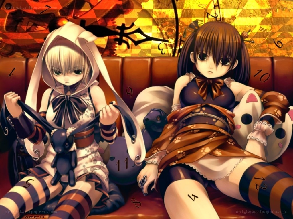 Anime girls on a clock-themed couch