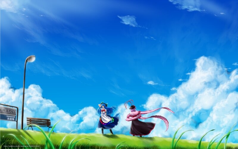 Anime girls on a grassy hill