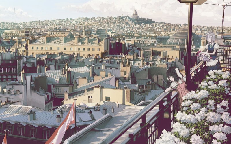 Anime girls on a Parisian balcony