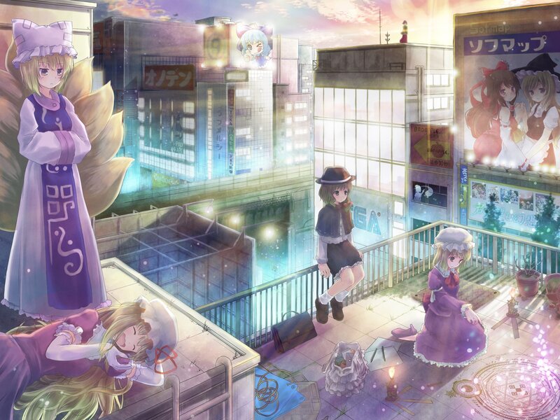 Anime girls on a rooftop