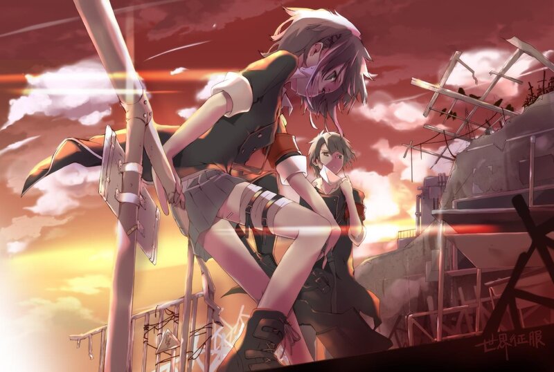 Anime girls on a rooftop at sunset