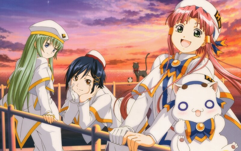 anime girls on a ship at sunset