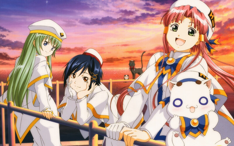 anime girls on a ship at sunset