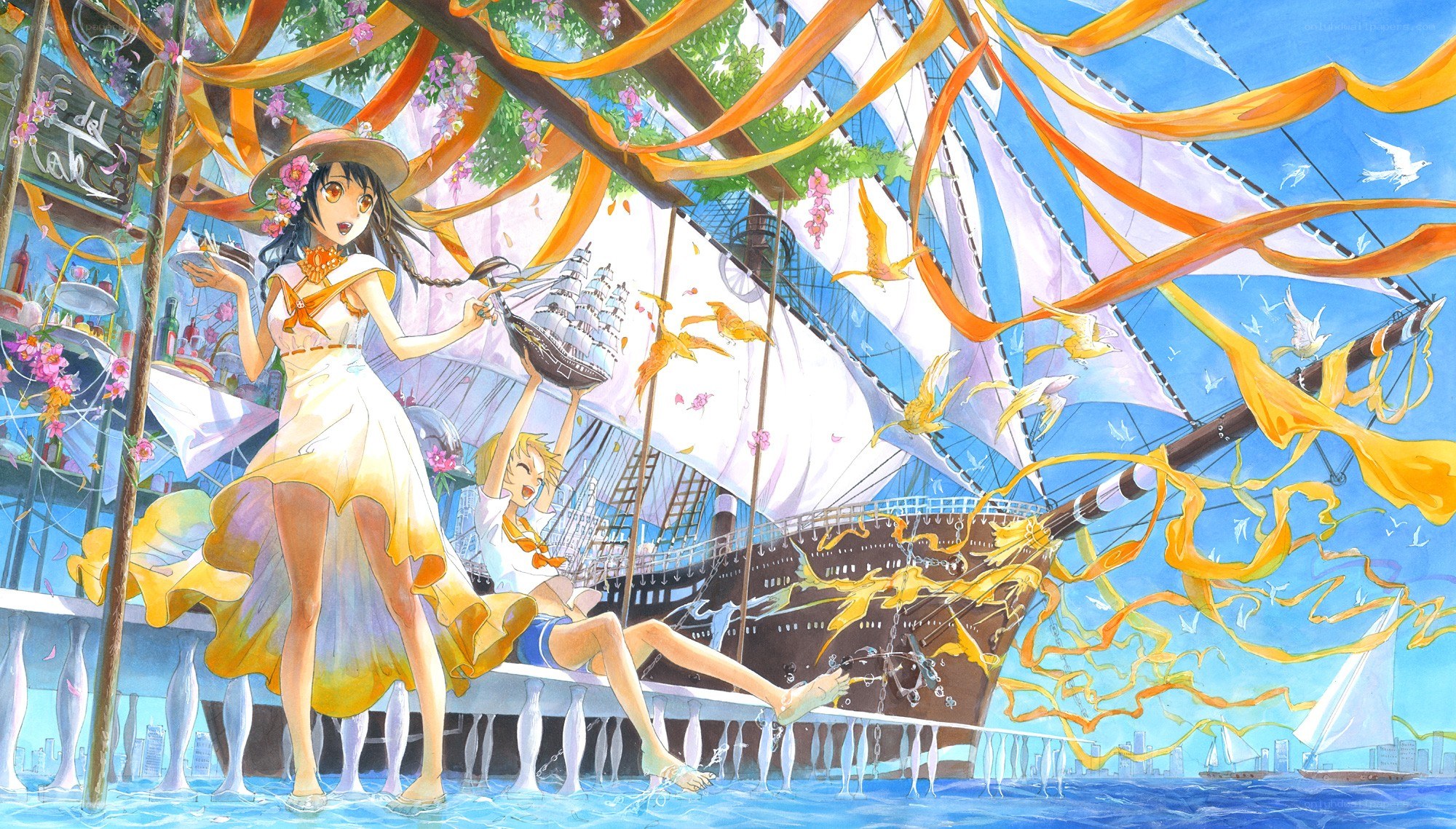 Anime girls on a ship deck
