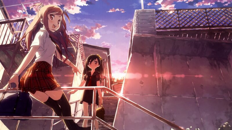 Anime girls on a staircase at sunset