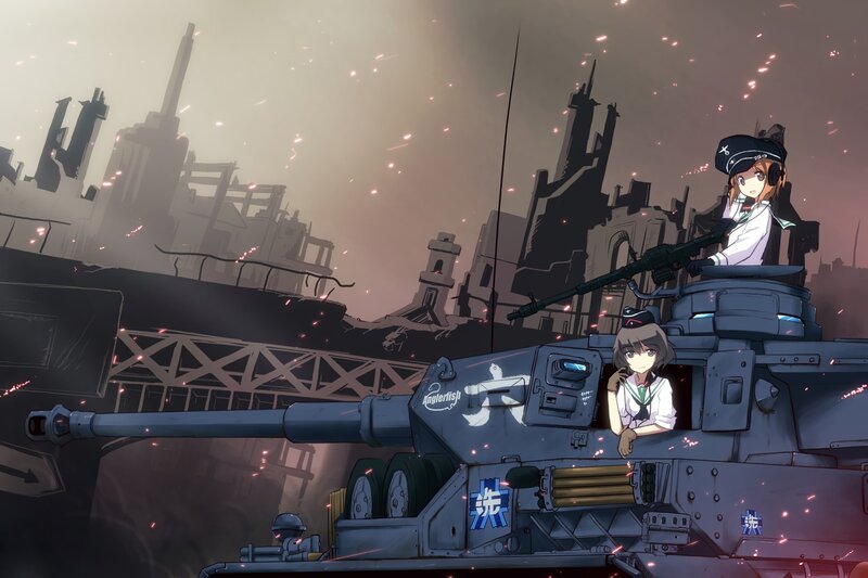 Anime girls on a tank in a warzone