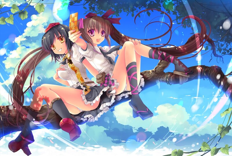 Anime girls on a tree branch
