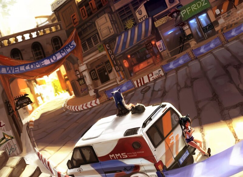 Anime girls on a van in a city
