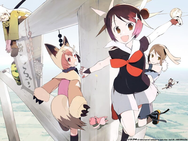 Anime girls on a wooden structure