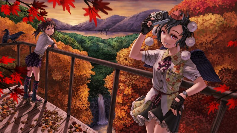 Anime girls on autumn bridge