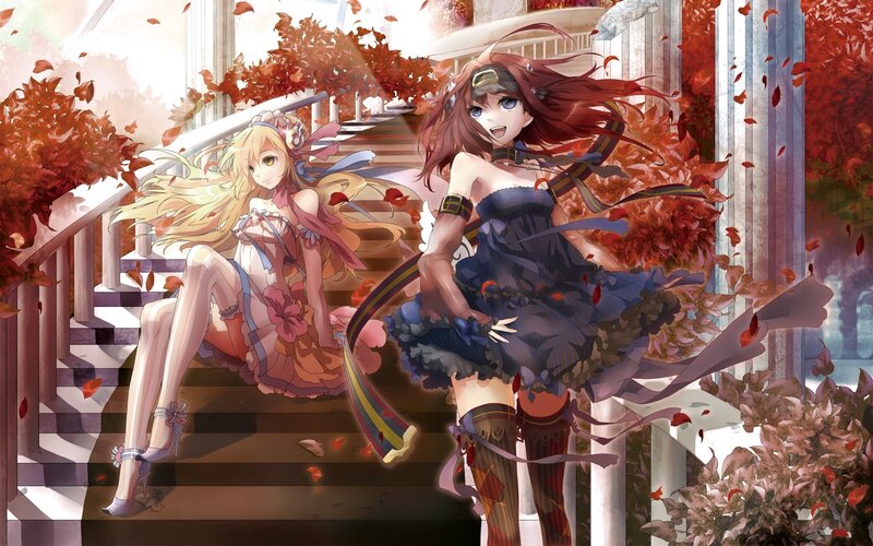 Anime girls on autumn stairs
