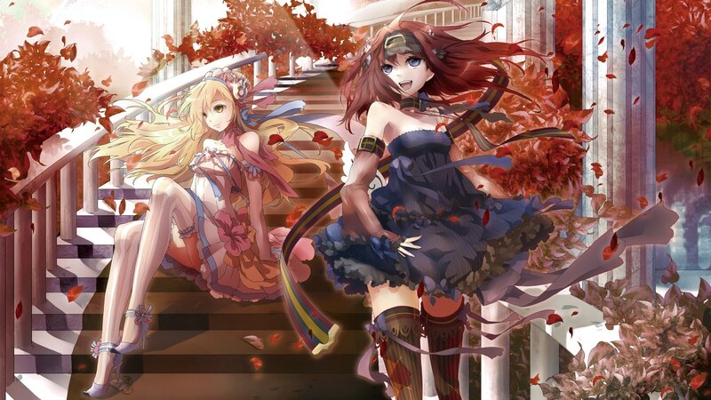 Anime girls on autumn stairs