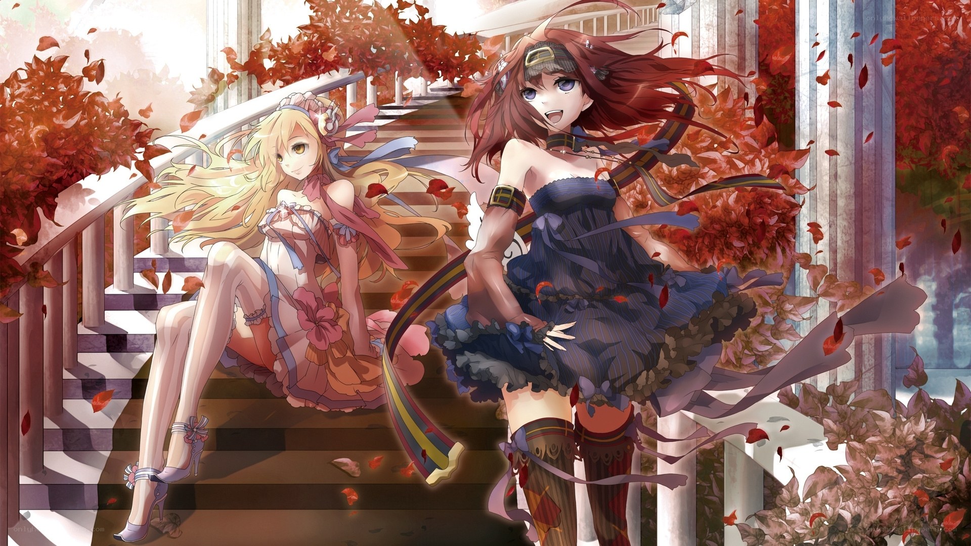 Anime girls on autumn stairs