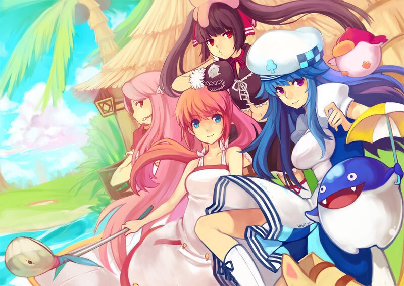 Anime Girls on Beach — Blue, Cheerful