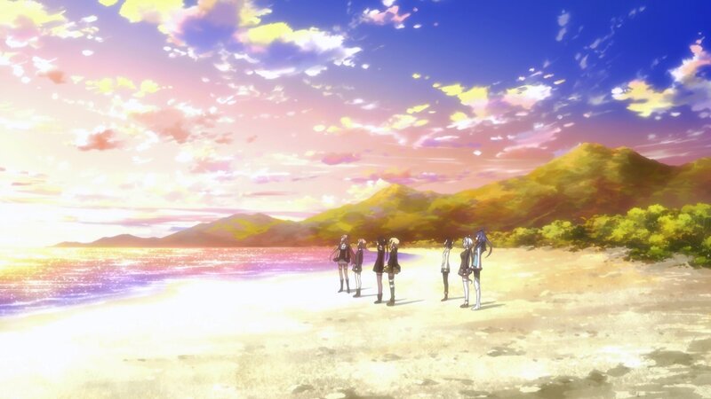 Anime Girls on Beach — Blue, Serene, Sunset