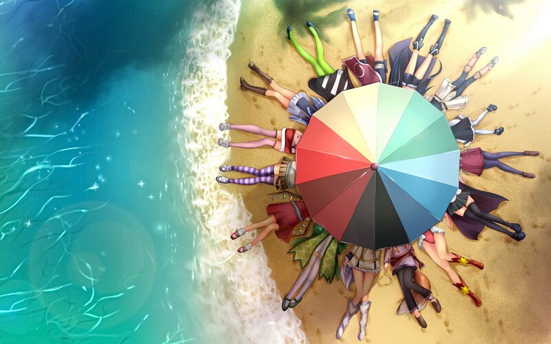 anime girls on beach with umbrella