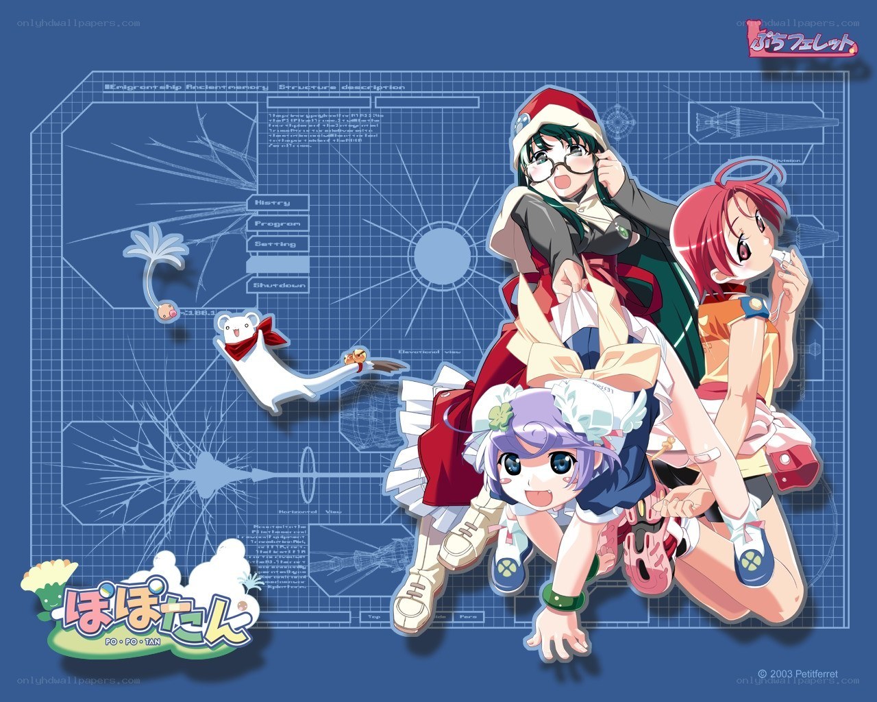 Anime girls on blueprint background