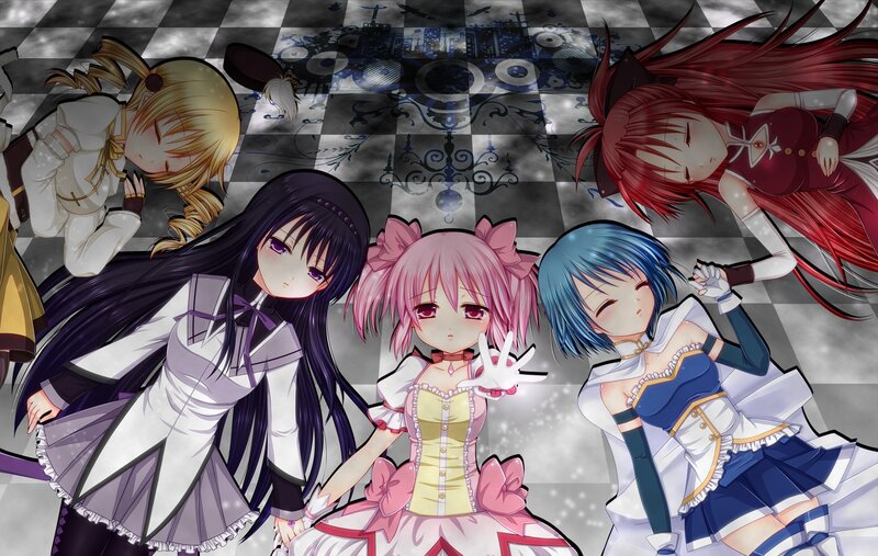 Anime Girls on Checkered Floor — Black, Dramatic