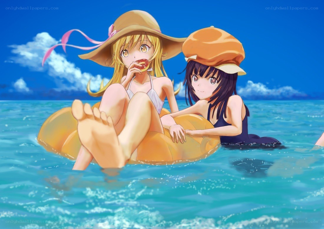 Anime girls on float at beach