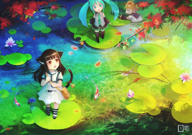 Anime girls on lily pads