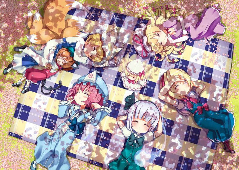 Anime girls on picnic blanket