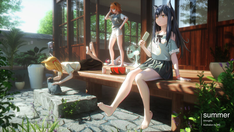 Anime Girls on Porch — Blue