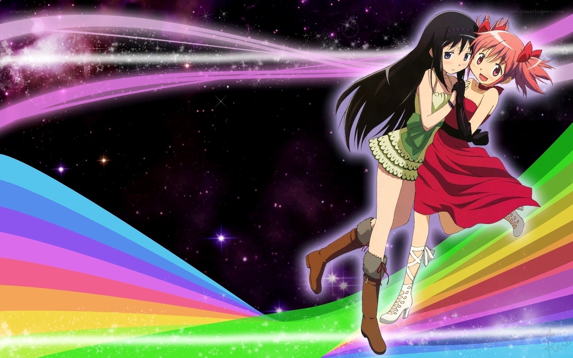 anime girls on rainbow path