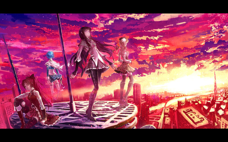 anime girls on rooftop at sunset