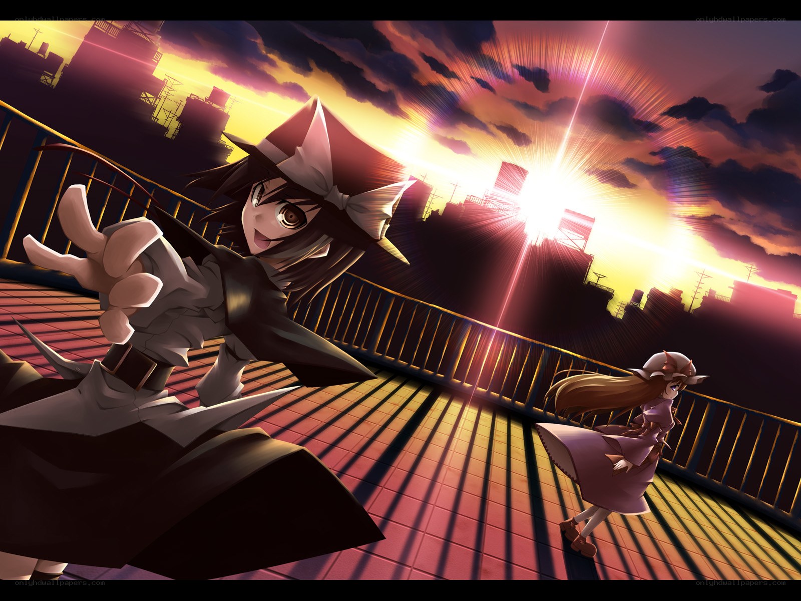 anime girls on rooftop at sunset