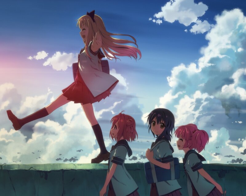 Anime Girls on Rooftop — Blue, Serene, Afternoon, School Uniforms, Clouds, Sky, White