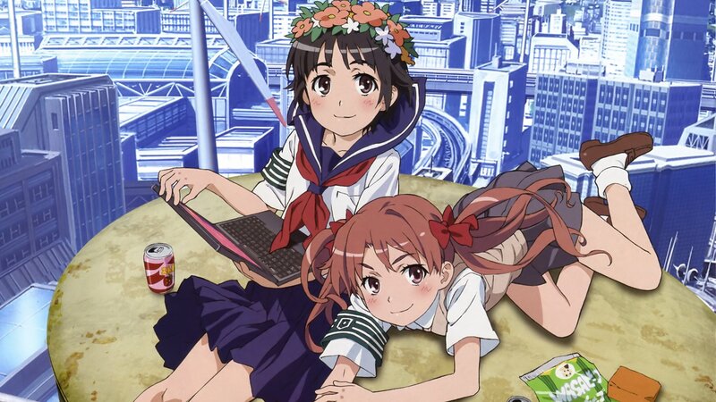 Anime girls on rooftop with laptop