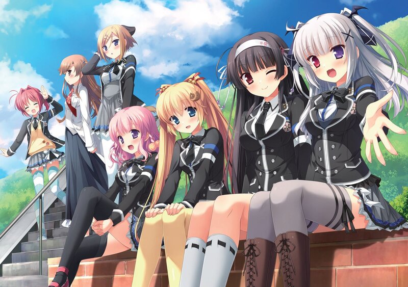 Anime Girls on Stairs — Blue, Cheerful