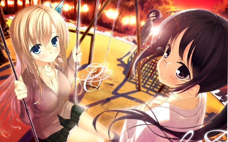 anime girls on swings at sunset