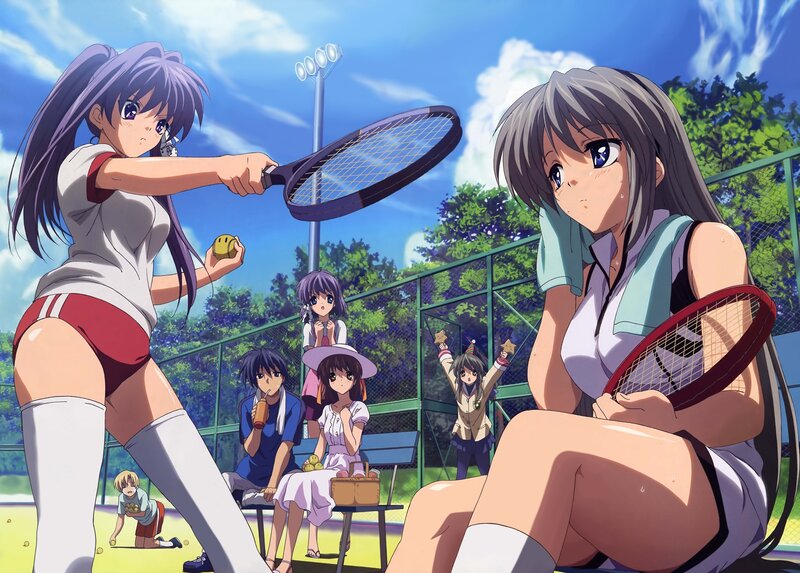 Anime Girls on Tennis Court — Blue, Active, Afternoon, Tennis Racket