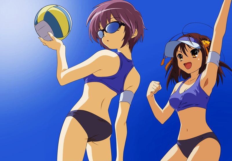 Anime girls playing beach volleyball
