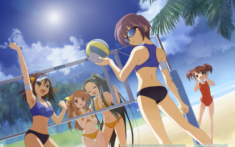Anime girls playing beach volleyball