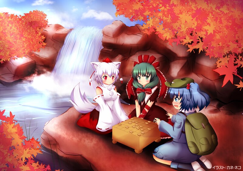 Anime girls playing go by a waterfall