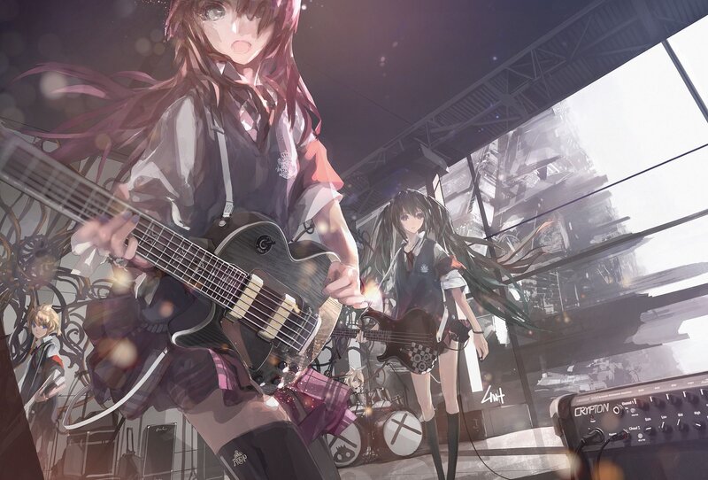 Anime Girls Playing Guitars — Purple, Dramatic, Digital Art