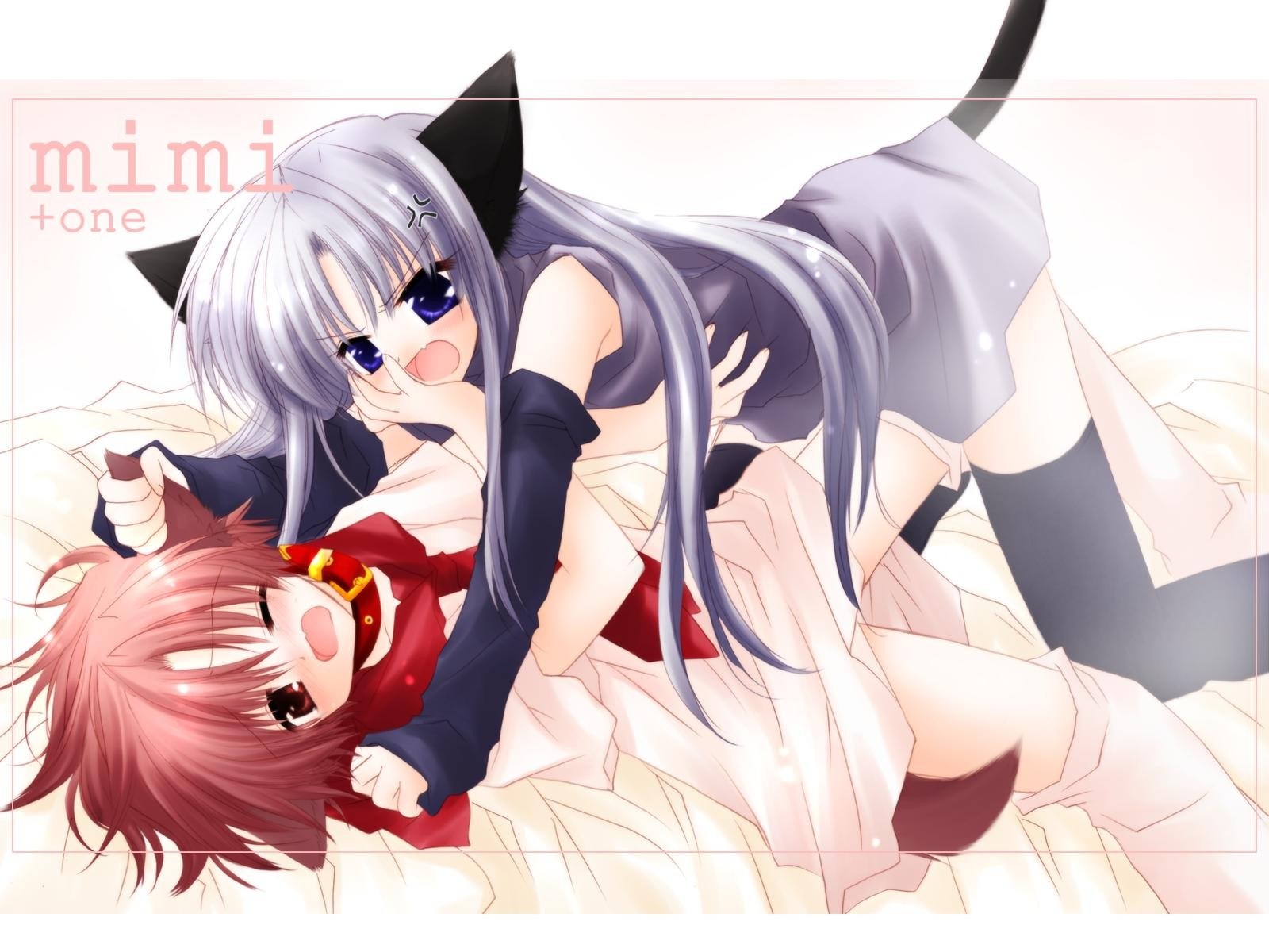 Anime girls playing on bed
