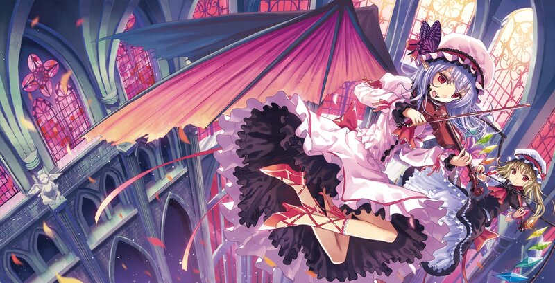Anime girls playing violins in a cathedral